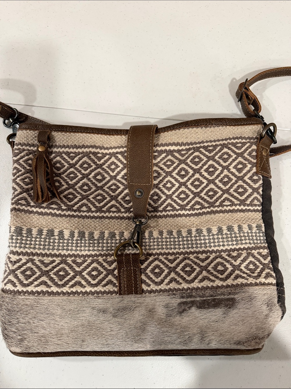 Myra Textured Brown and Cream Boho Crossbody Bag with Tassel